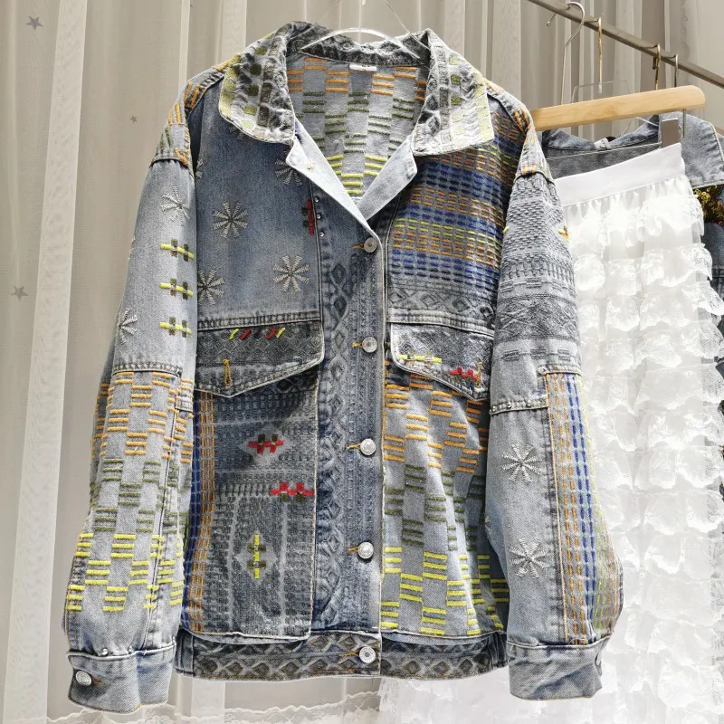 

Jastie/джинсовая куртка с вышивкой в стиле ретро; Пальто в богемном стиле; Новинка 2022 года; Сезон весна-осень; Свободная Женская джинсовая куртк...