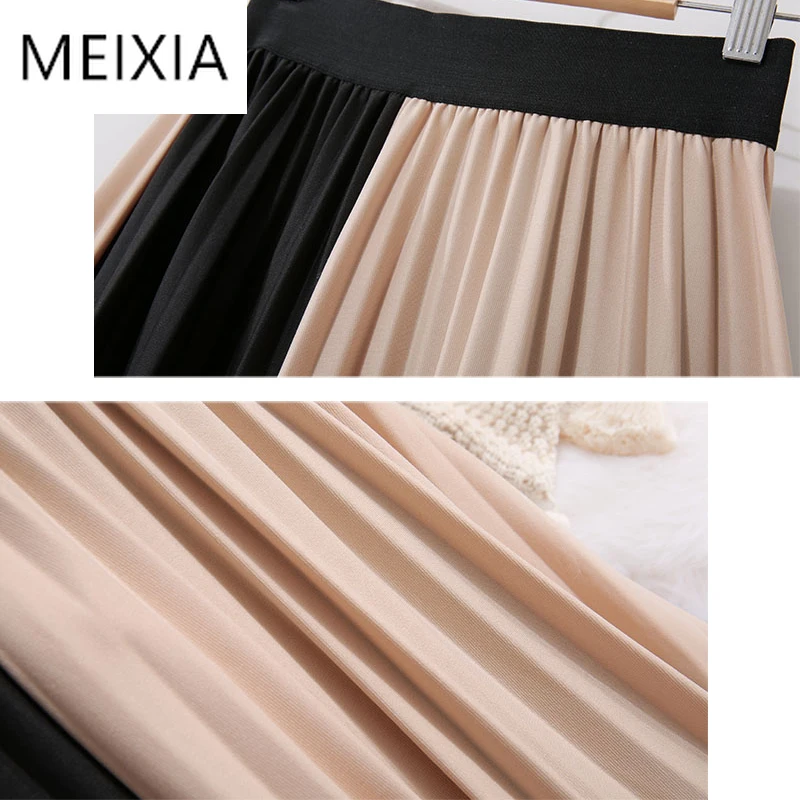 

MEIXIA Autumn Winter Women Casual Patchwork Empire Skirt Elastic Waist Pleated Skirts A-Line Mid-Calf Fashion Office Lady Skirt