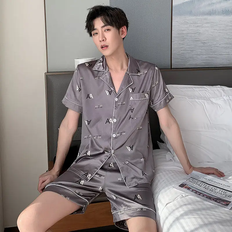 CAIYIER Plus Size 4XL 5XL Men's Pajamas Summer Satin Silk Sleepwear Set Short Sleeve Shorts Boy Leisure Pajama Sets Grid Printed