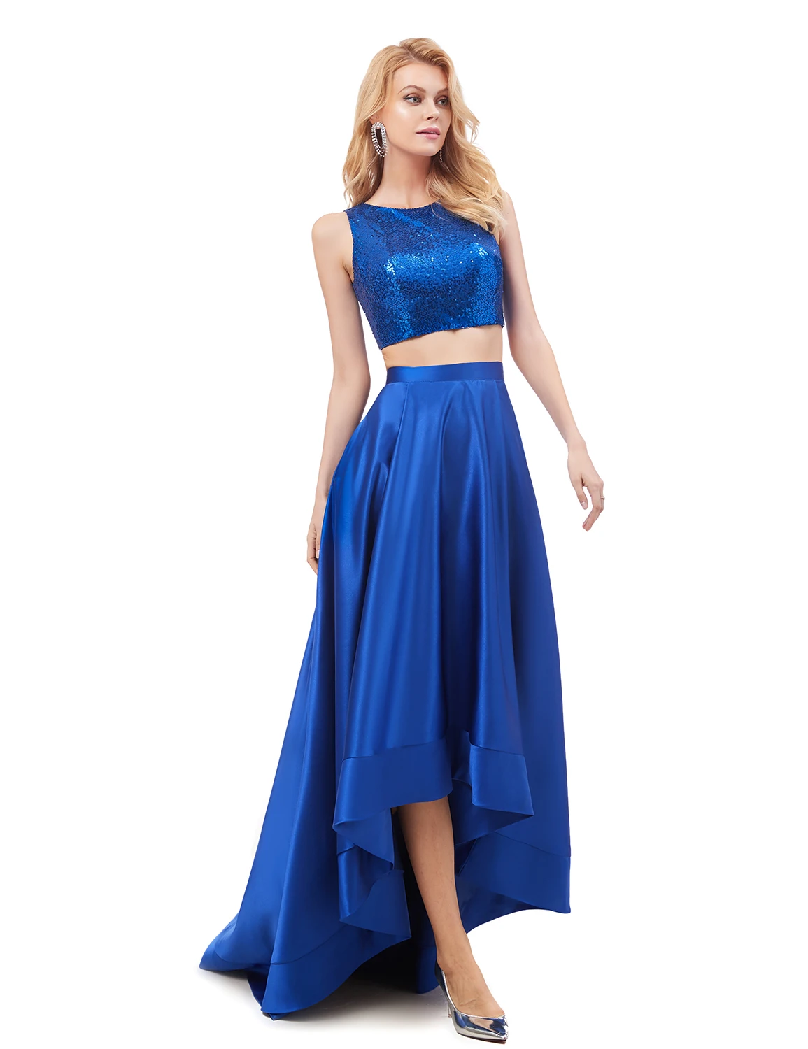 Vivian's Bridal Весенняя мода Sequin Crop Top вечернее платье, пикантное асимметричное платье с открытой спиной и высокой низкой атласной юбкой, платье для выпускного вечера