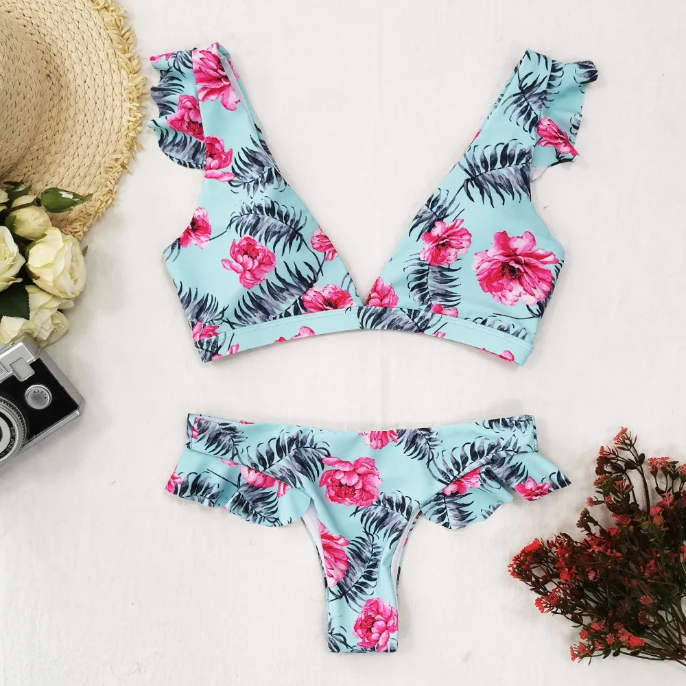 

Europe and the United States foreign trade broken flower small bikini lotus leaf edge print sexy bikini 2021 new swimwear