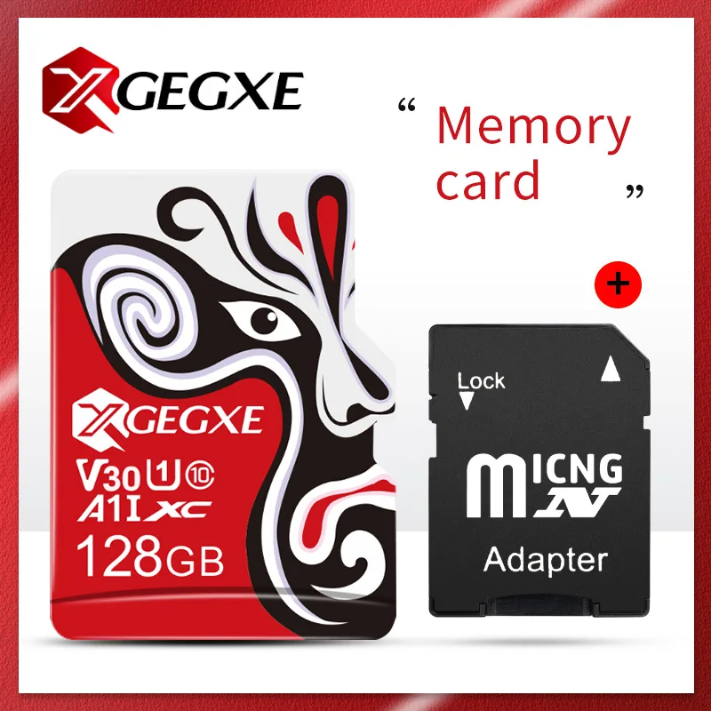 Карта памяти XGEGXE, 32 ГБ, A1, Micro SD, 16 ГБ, 64 ГБ, 128 ГБ, 256 ГБ, Китайская опера, маска, TF карта, класс 10, для смартфона, камеры, ноутбука - Емкость: 128gb with adapter
