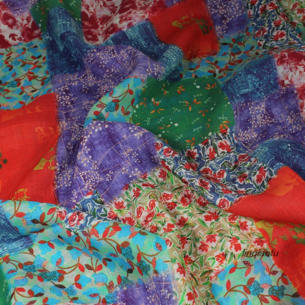 

Ткань из чистого рами с набивным рисунком, разноцветная квадратная ткань для платьев и халатов в пасторальном стиле