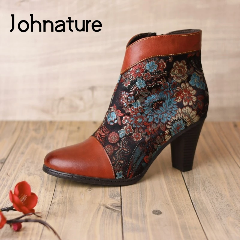 

Женские ботинки из натуральной кожи Johnature, ботильоны на платформе и высоком каблуке, с ручной росписью, с вышивкой на молнии, ручная работа, ...