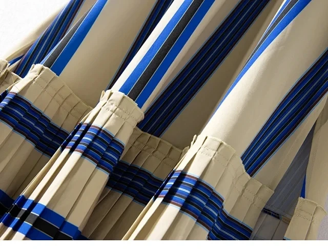 

2020 New Fashion Women Stripes Long shirt Dress ladies Loose V-neck lantern sleeve single-breasted Pleated Patchwork Midi Dress