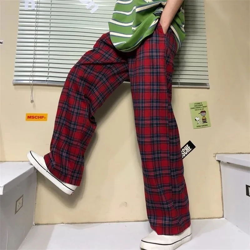 

Casual Harajuku Red Plaid Pants Women Gothic Streetwear Checked Trousers 2021 Korean Fashion Oversize Wide Leg Sweatpants