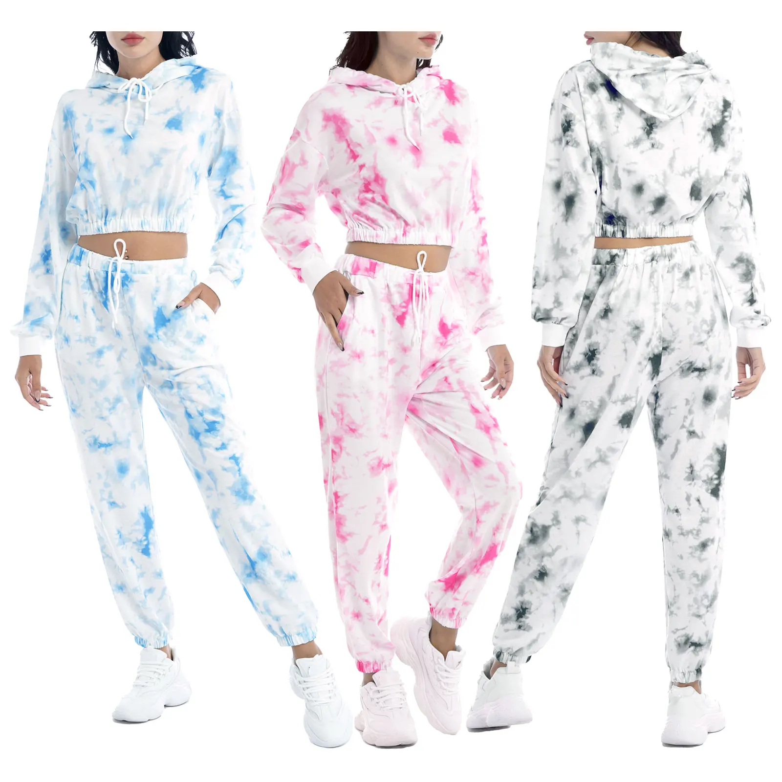 

Women Casual Sportswear Fashion Tie Dye Print Hooded Hoodie Sweatshirt and High Waist Drawstring Pants Set for Gym Fitness Sport