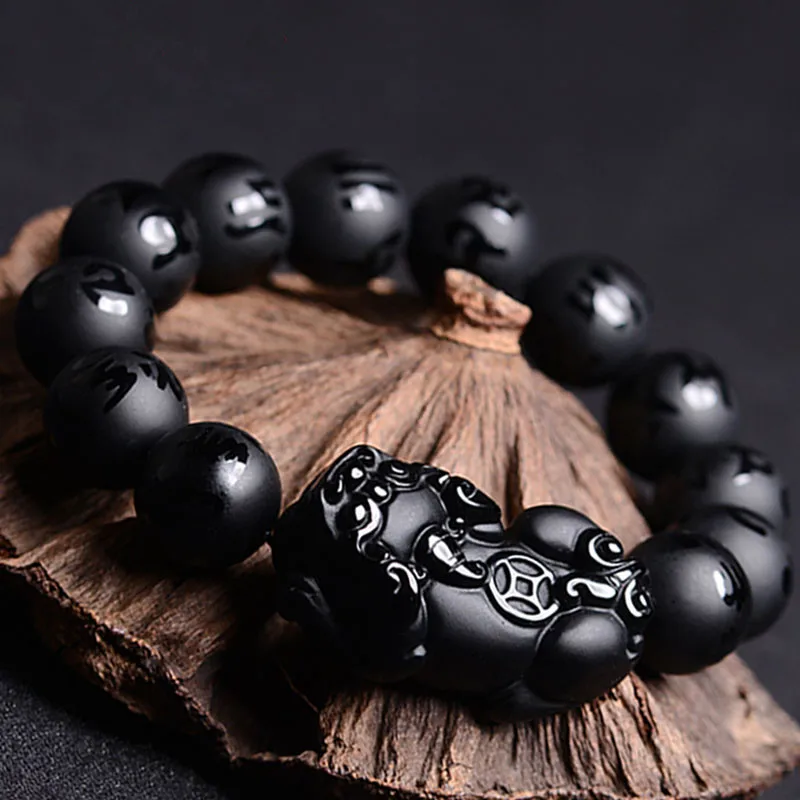 

Natural Black Obsidian Bracelet Six-word Mantra Round Beads Pixiu Bangles For Men Jade Beads Elastic Beaded Bracelets Jewelry