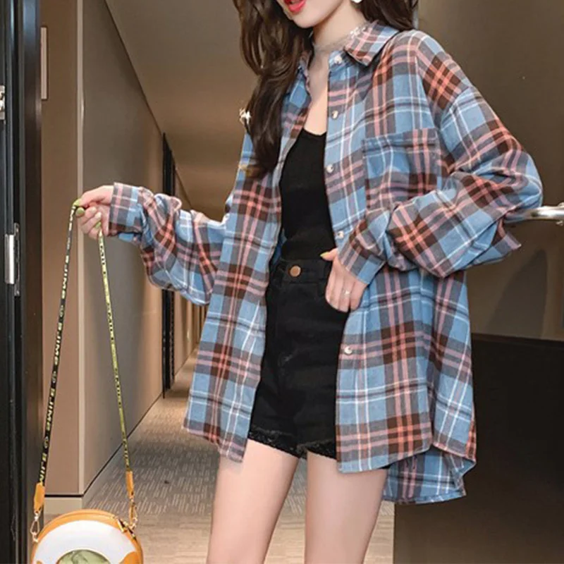 

Spring Autumn Plaid Shirts Womens Blouses And Tops Long Sleeve Loose Checked 2021 Female Clothes Outwear Winter