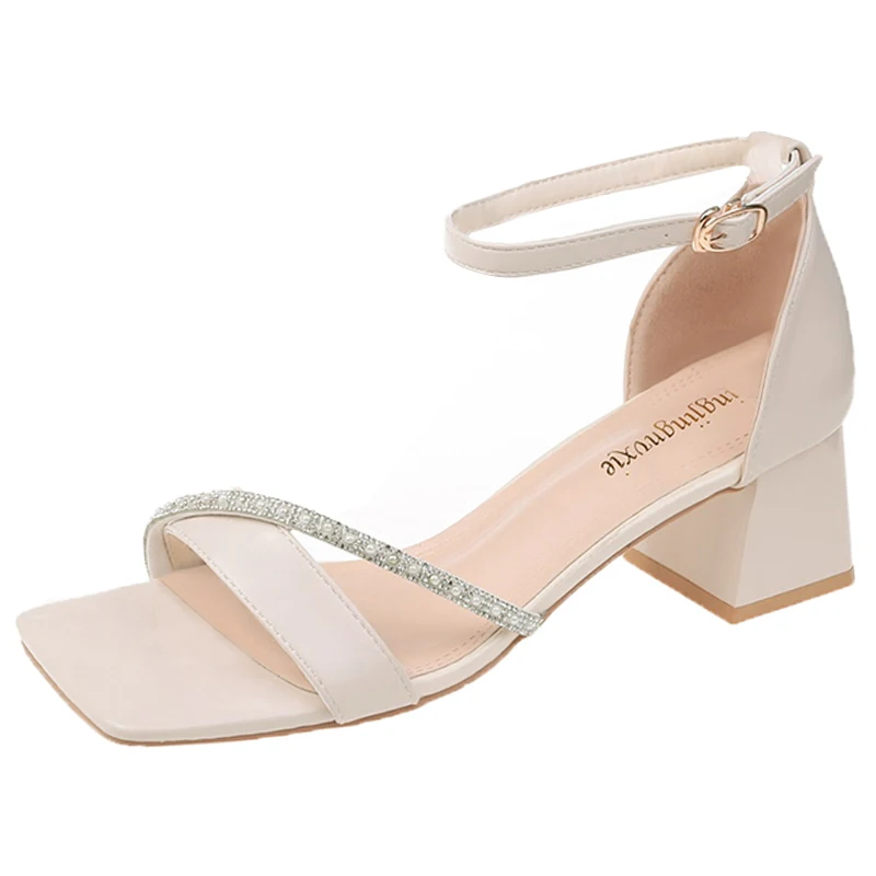 

2021 Summer Female Sandal Black Shoes for Women Buckle Strap Block Heels Square Toe Med Girls Beige Comfort New Fashion Chunky C