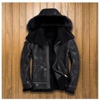 natrual fox fur trimmed hooded real fur shearling jacket black slim classic winter real genuine sheepskin clothing