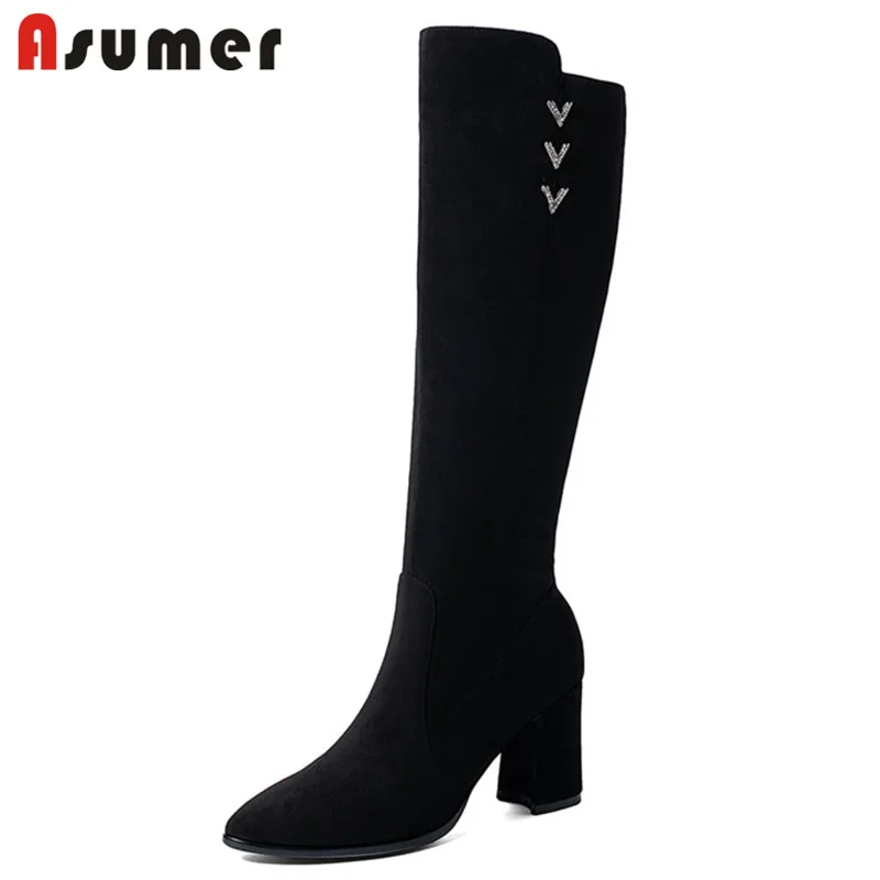 

Asumer 2021 New Arrive Knee High Boots Women Pointed Toe Crystal Zip High Heel Casual Party Shoes Autumn Winter Long Boots Woman