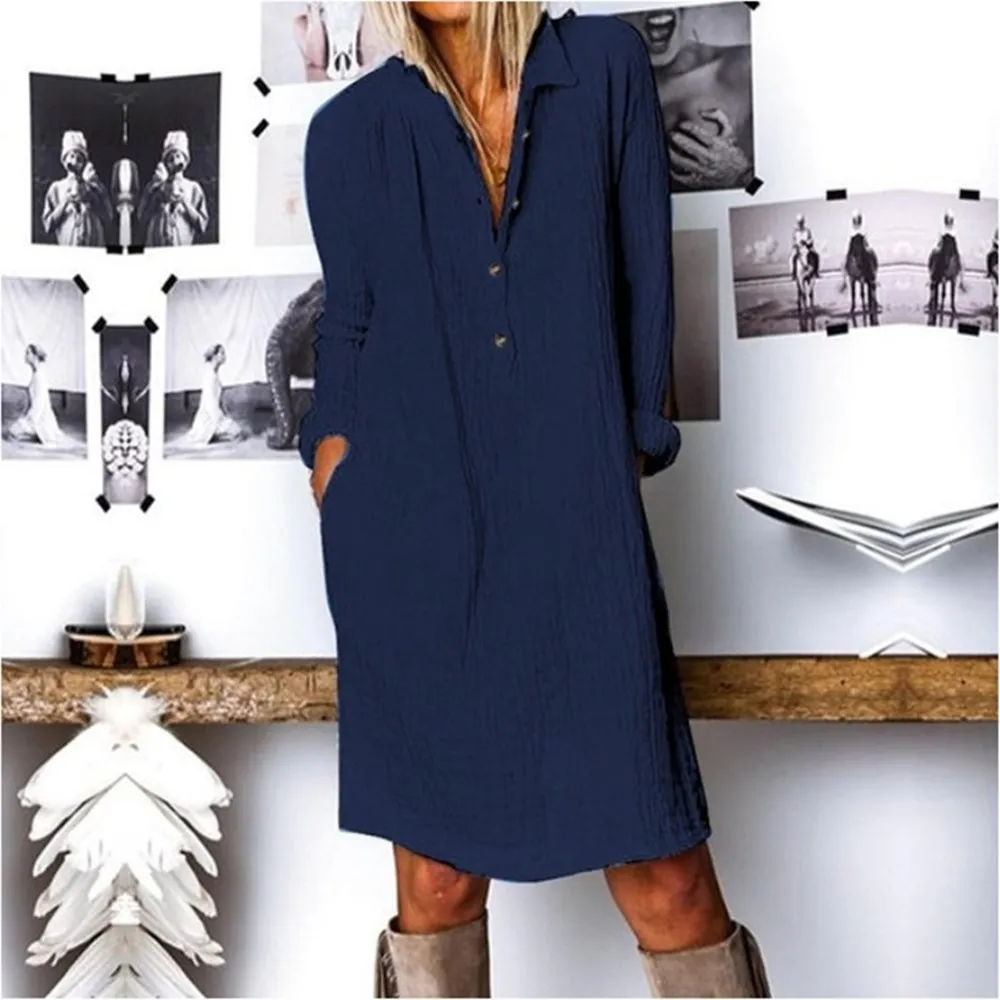

Fall 2021 European and American fashion new women's dress women's casual Lapel long sleeve dress solid color cotton linen dress
