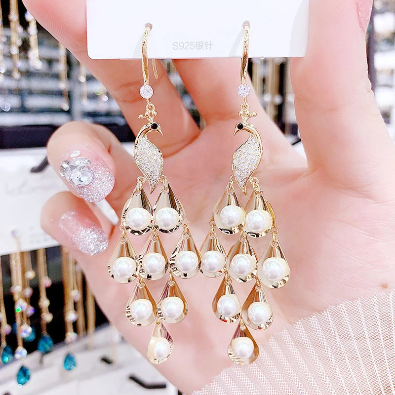 

Exaggerated Peacock Pearl Earrings Exquisite Women Jewelry Party Accessory Pendant High Quality Vintage Trend Hanging Earrings