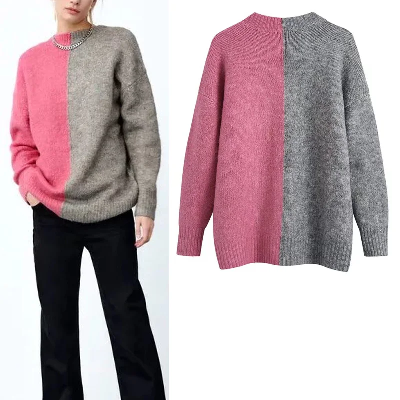 

Woman's Stitching Color Knitting Cardigan Za Fashion V-neck Long Sleeve Sweater Chic Buttons Street Thick Warm Sweater Female