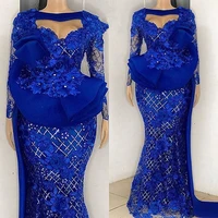 nigerian woman dress royal blue vestidos de fiesta full sleeves evening dresses long lace ruffle prom gown aso ebi