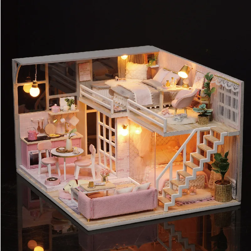 

LED pink girl dream doll house furniture diy dollhouse wood diy doll house miniature dollhouse furniture children home Toy gift