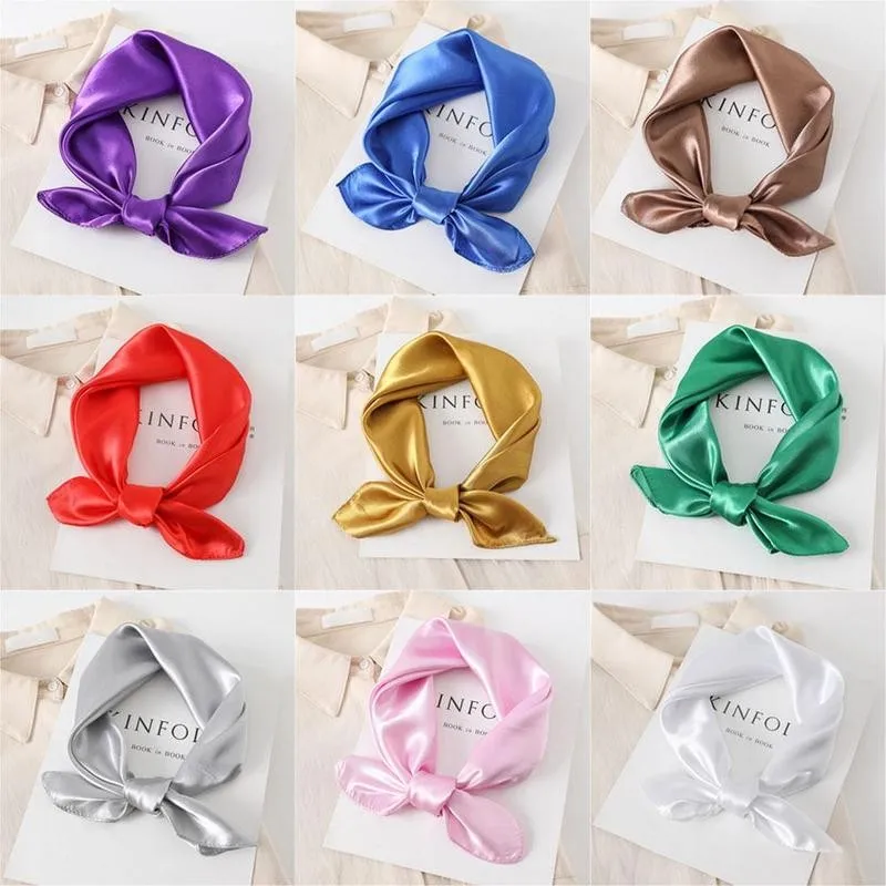 

Spring Summer Women Silk Square Scarf Girls Satin Neck Hair Tie Band Female 60cm Square Scarf Beach Hijab Head