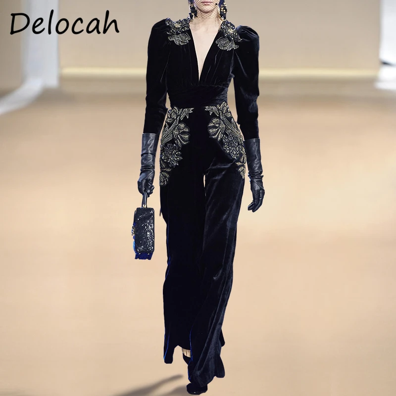Delocah Autumn Women Fashion Runway Bodysuit Long Sleeve Embroidery Printed Elegant Bodycon Ladies Velvet Jumpsuit Long Romper
