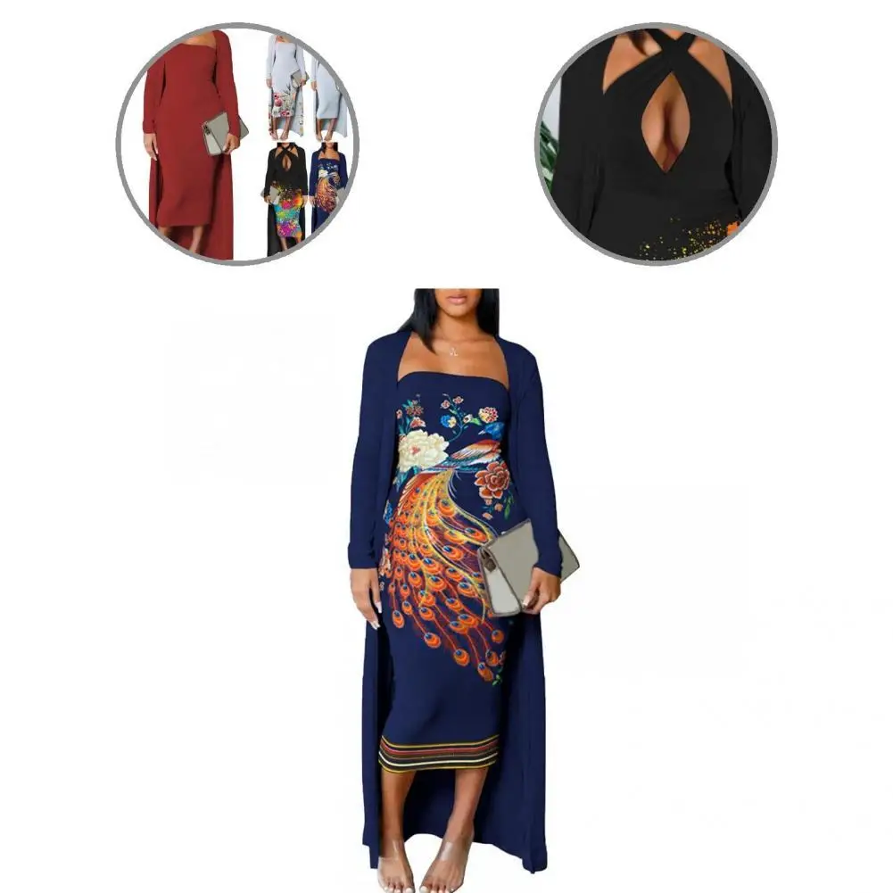 

1 Set Women Dress Set Stylish Commute Off Shoulder Dress Set Floral Print Strapless Women Cardigan
