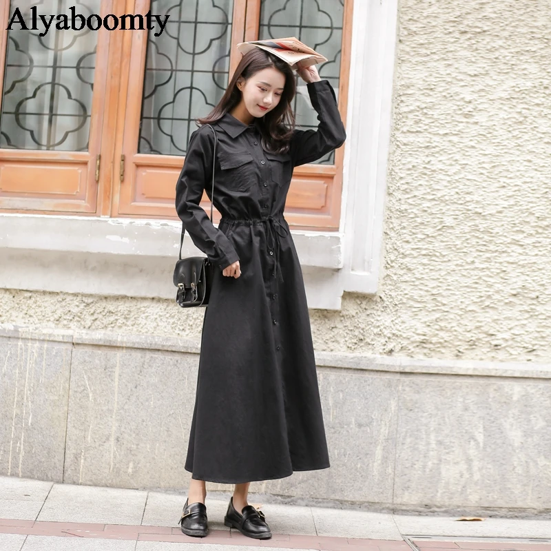 

Mori Girl Spring Autumn Women Long Shirt Dress Turn-Down Collar Black Elegant Vestido Longo Vintage Cotton Midi Cardigan Dresses