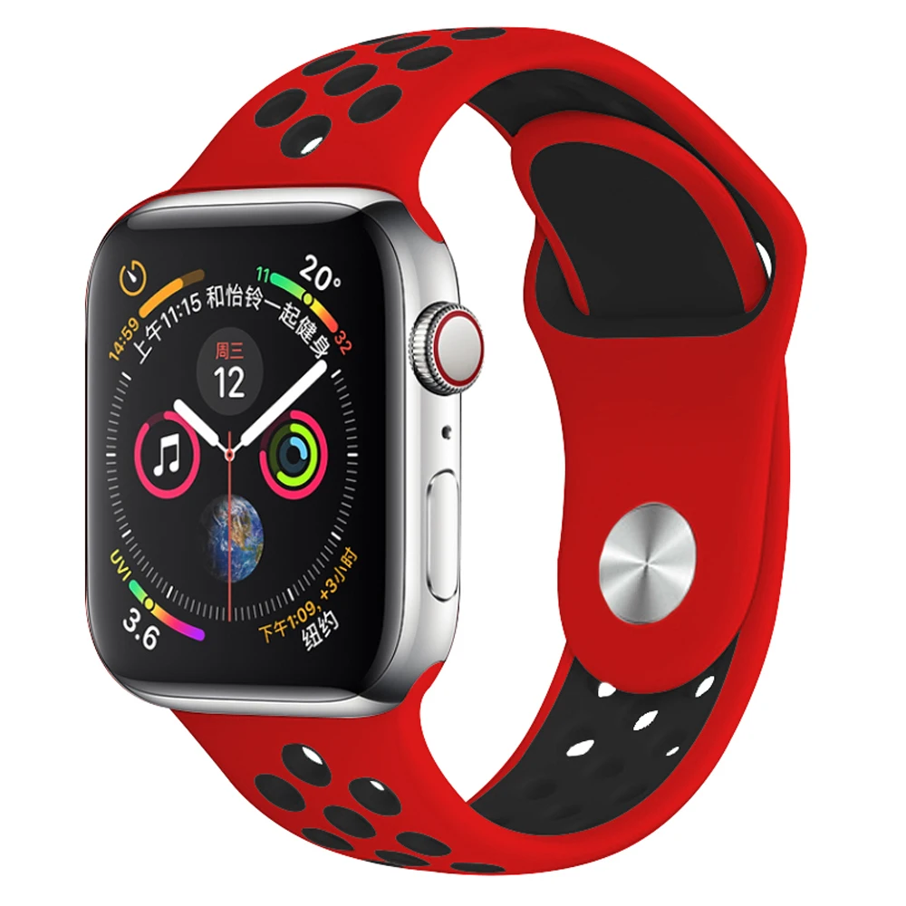 Red Black 11 Силиконовый спортивный ремешок для наручных часов Apple watch, ремешок 38 мм 40 мм 42 44 мм наручные браслет, ремешок для наручных часов iWatch серии 4/3/2/1 женские полос - Цвет ремешка: Red Black 11