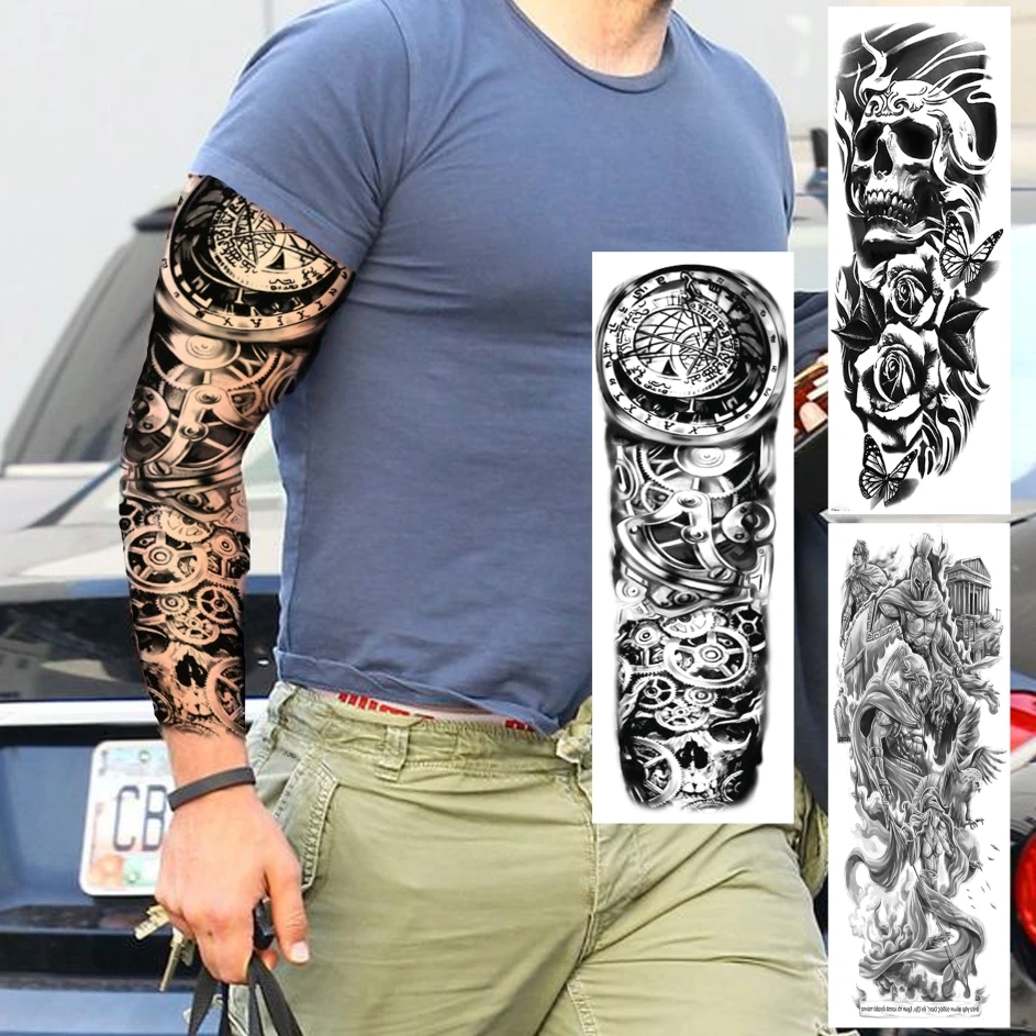 

Mechanical Compass Full Arm Tattoo Sticker For Men Women Black Skull Samurai Temporary Sleeve Tattoos Body Art Tatoo Big