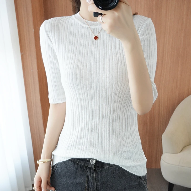 

BELIARST 100% Cotton Short-sleeved New Summer Ladies O-neck Knitted T-shirt Slim Sexy Pullover Sweater Hot Sale Women