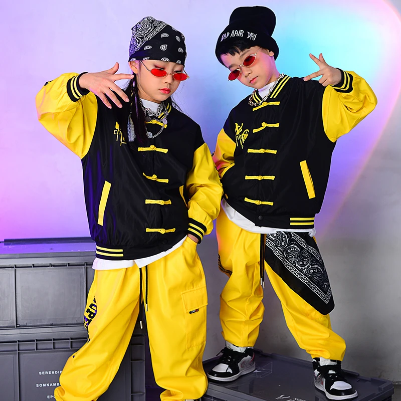 

Yellow Baseball Uniform Set Children'S Chinese Style National Tide Hip Hop Street Dance Clothing For Kids Jazz Costumes DQS8605