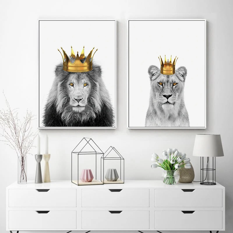 

Animals Poster Golden Crown Canvas Painting Lion King Queen Poster Wall Art Print Modern Picture For Living Room Home Decoration