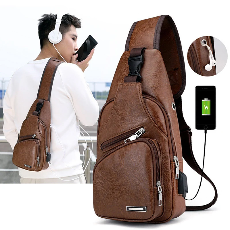 

Men Leather Sling Pack Chest Shoulder Crossbody Bag Biker Satchel Men Briefcases