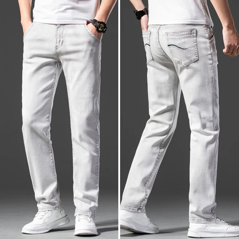 

Мужские джинсы стрейч, светильник-серые повседневные штаны из хлопка с вышивкой, 2021