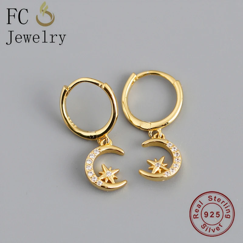 

FC Jewelry 100% 925 Sterling Silver Small Gold Color Moon Star Zirconia Hoop Earring For Women Ear Piercing Pendientes 2020 New