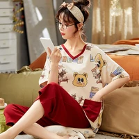 summer fashion red pajamas sets for women cotton short sleeve homewear kawaii cartoon little bears print women v neck sleepwear