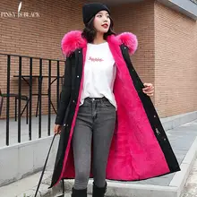 PinkyIsBlack-30 градусов, одежда для снежной погоды Длинные парки зимняя куртка Для женщин с меховым капюшоном Костюмы женский Меховая подкладка Толстое Зимнее пальто Для женщин