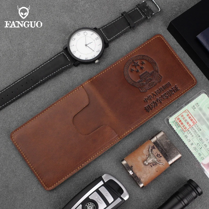 Handmade Genuine Leather Men's Driver License Cover China National Emblem Pattern Card Slot Photo Holder Bag