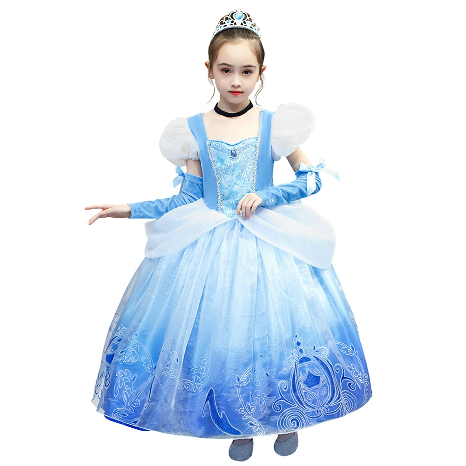 Cinderella Dress Нарядный костюм Золушки для девочек; костюм принцессы; детское Голубое Бальное Платье с многослойной аппликацией; детское праздничное платье на Хэллоуин, Рождество - Цвет: Cinderella Dress