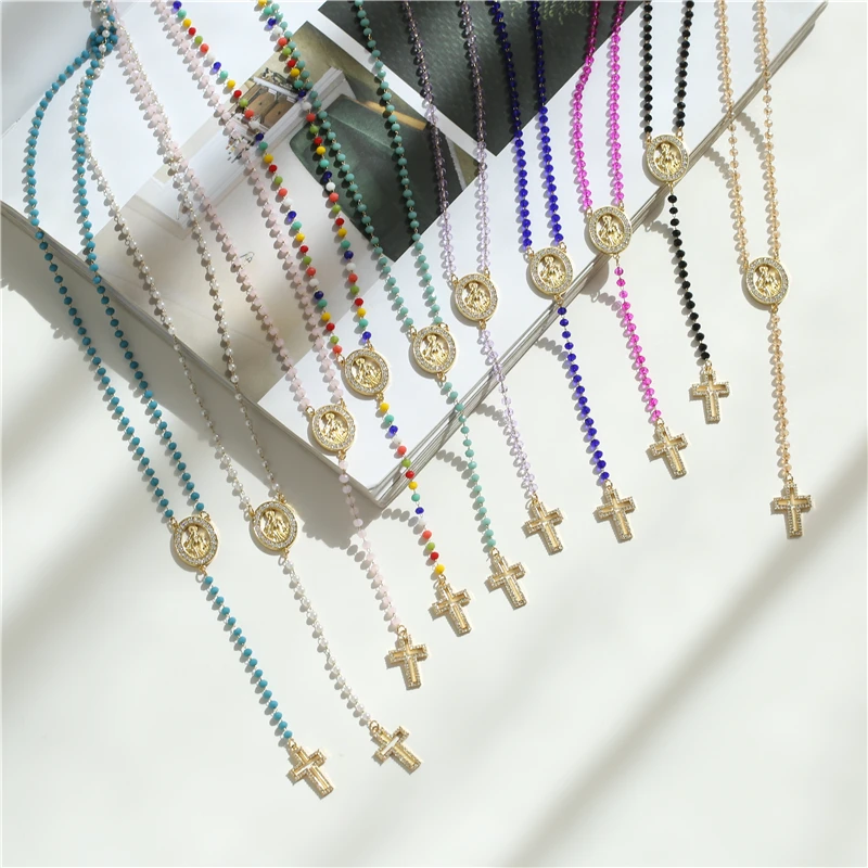 

HECHENG,Christ Cross Necklace for Women,Stainless Steel Long Rosart Rainbow Stone Necklace,Virgin Mary Jewelry Wholesale