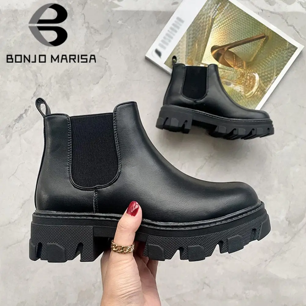 

BONJOMARISA New Fashion Brand Luxury Designer Platform Goth Punk Motorcycle Women Boots Slip On Casual Black Footwear Ladies