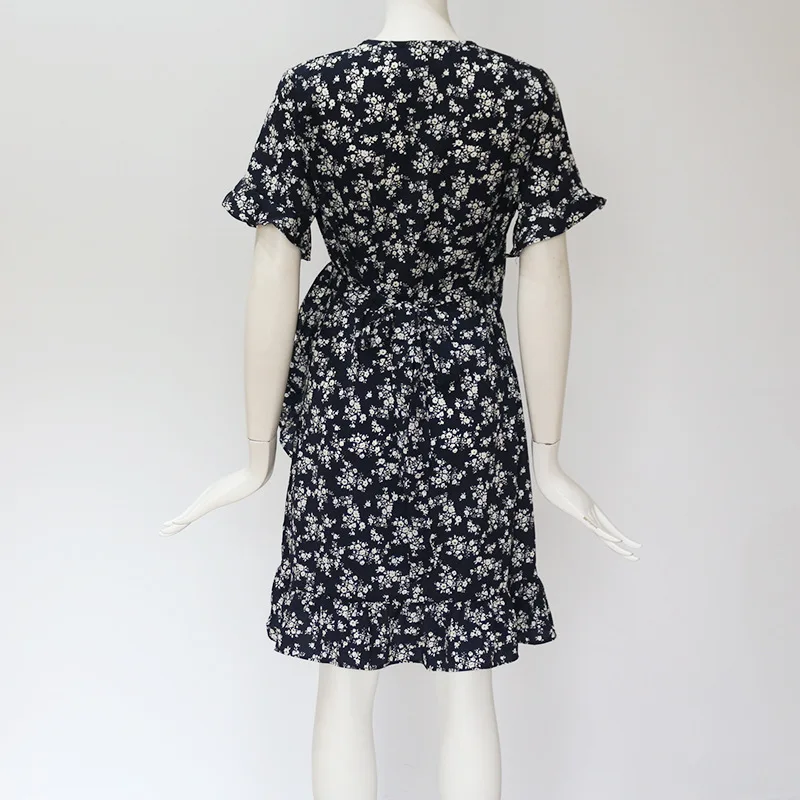 

2020 summer European and American floral print V-neck tie high waist chiffon dress for women