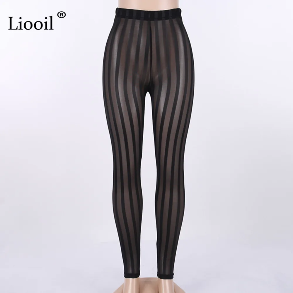 Liooil/Полосатые сетчатые прозрачные брюки, плотные черные слаксы, осень, женские штаны, сексуальные брюки с высокой талией, облегающие штаны-карандаш для женщин