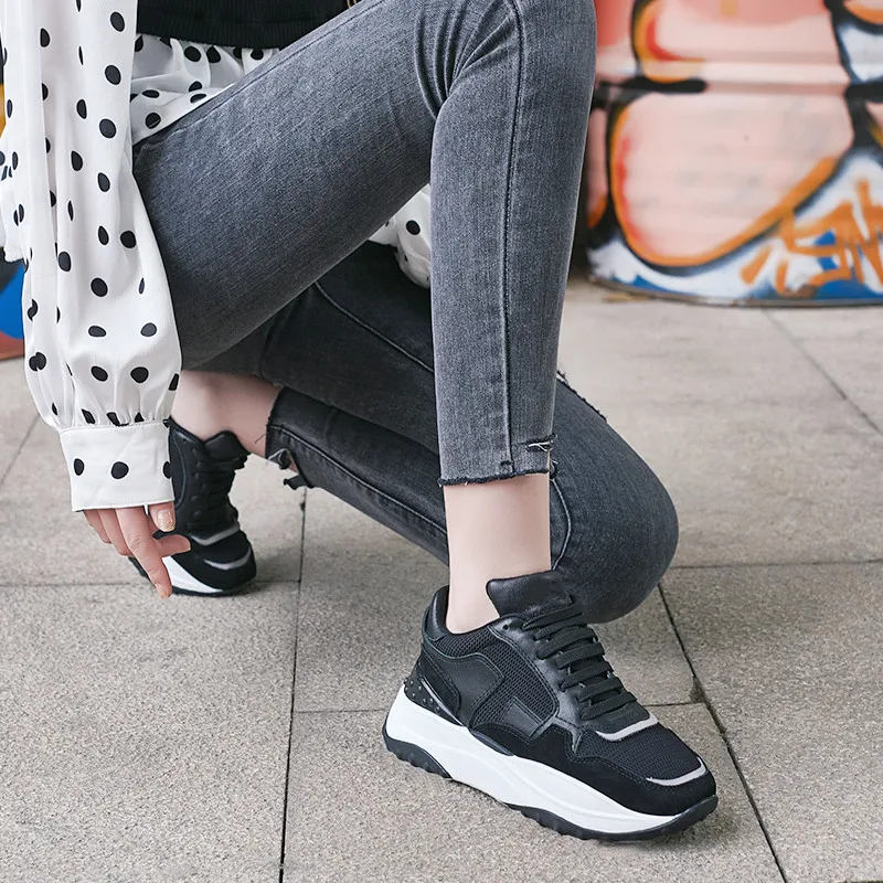 

Asumer New Fashion Dad Shoes Women Sneakers Genuine Leather +Mesh Breathable Casual Shoes Comfortable Flat Platform Shoes Lady
