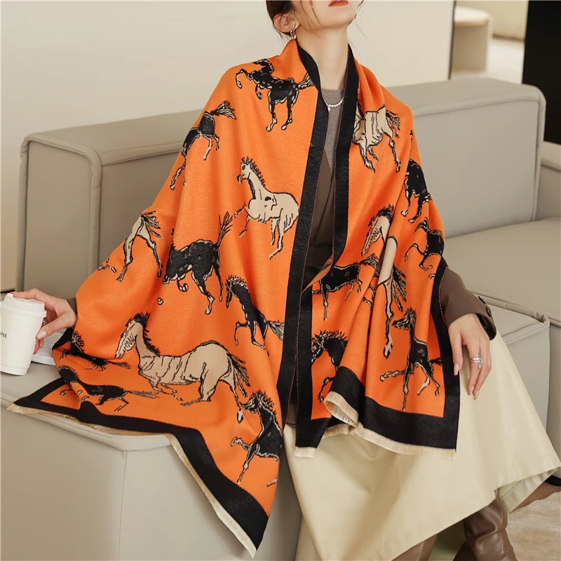 

Animal Horse Cashmere Shawl Scarf Women Print Thick Winter Warm Blanket Hijab Foulard Neckerchief Luxury New 2022 Echarpe Wraps