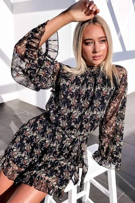

Slim Robe De Cocktail 2022 Vestidos Black Floral Print Chiffon A Line Long Sleeve Mini Skirt Girl Nightclub Party Evening Dress