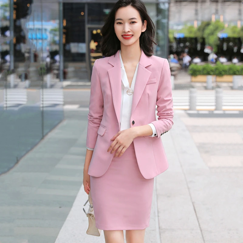 

Новинка, розовый осенне-зимний официальный женский деловой костюм с длинным рукавом, с юбкой и курткой, женский профессиональный комплект и...