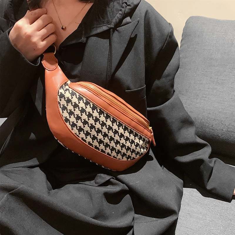 

Burminsa Vintage Houndstooth Waist Fanny Pack For Women Brand Designer Plaid Belt Phone Purse Chest Ladies Crossbody Bags 2021