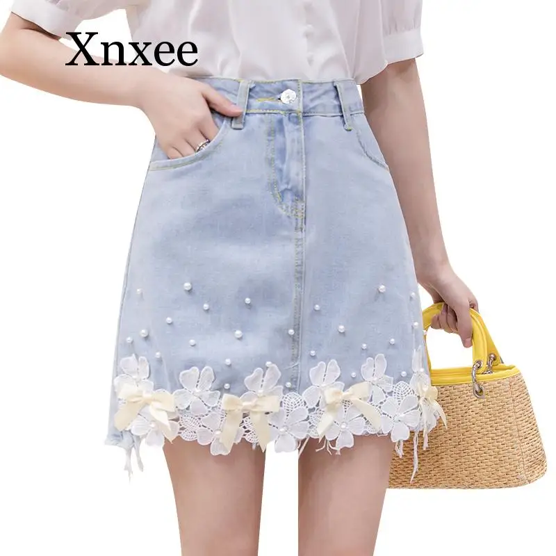 Модная Джинсовая юбка небесно голубого цвета с кружевными цветами Летняя