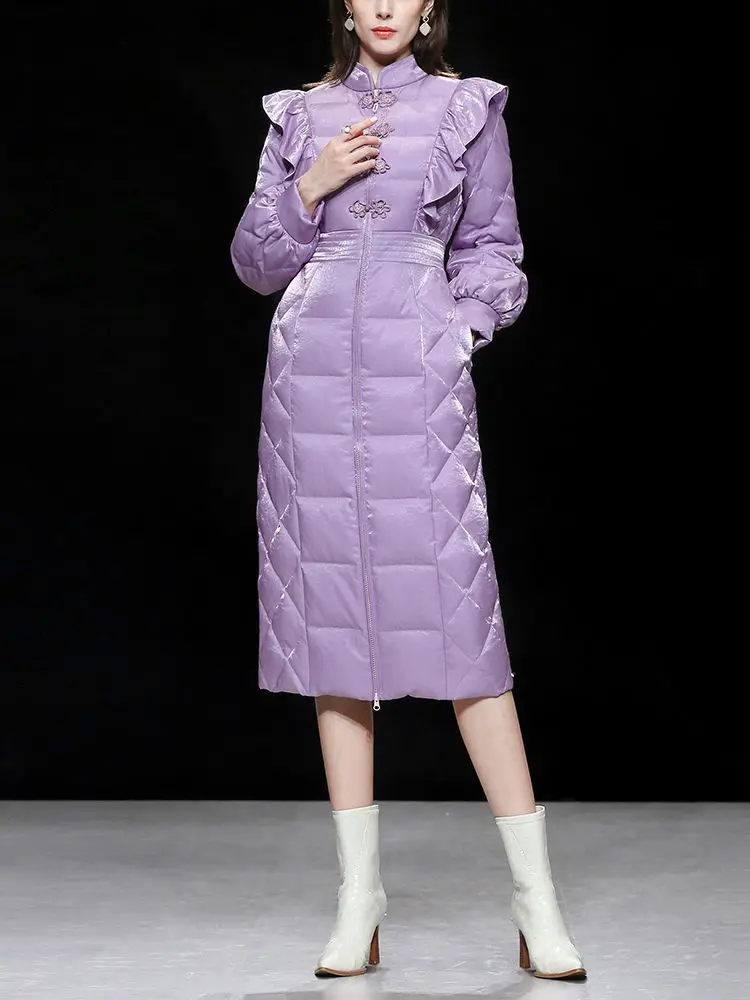 2021 Winter Mid-Length Cotton Coat Women Cheongsam Collar Elegant Vintage Disc Button Ruffle Lantern Sleeve Purple Cotton Jacket