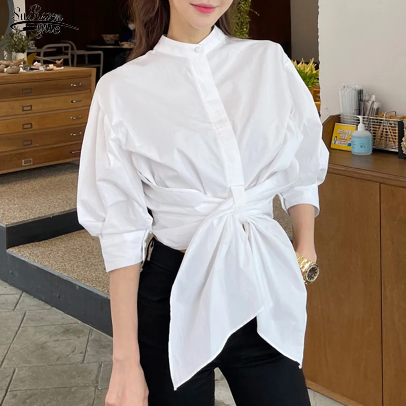 

Korean Chic Lace-Up Waist White Blouses Summer Women's Shirt Puff Sleeve Fashion Office Lady Tops Women Clothing Blusas 15548