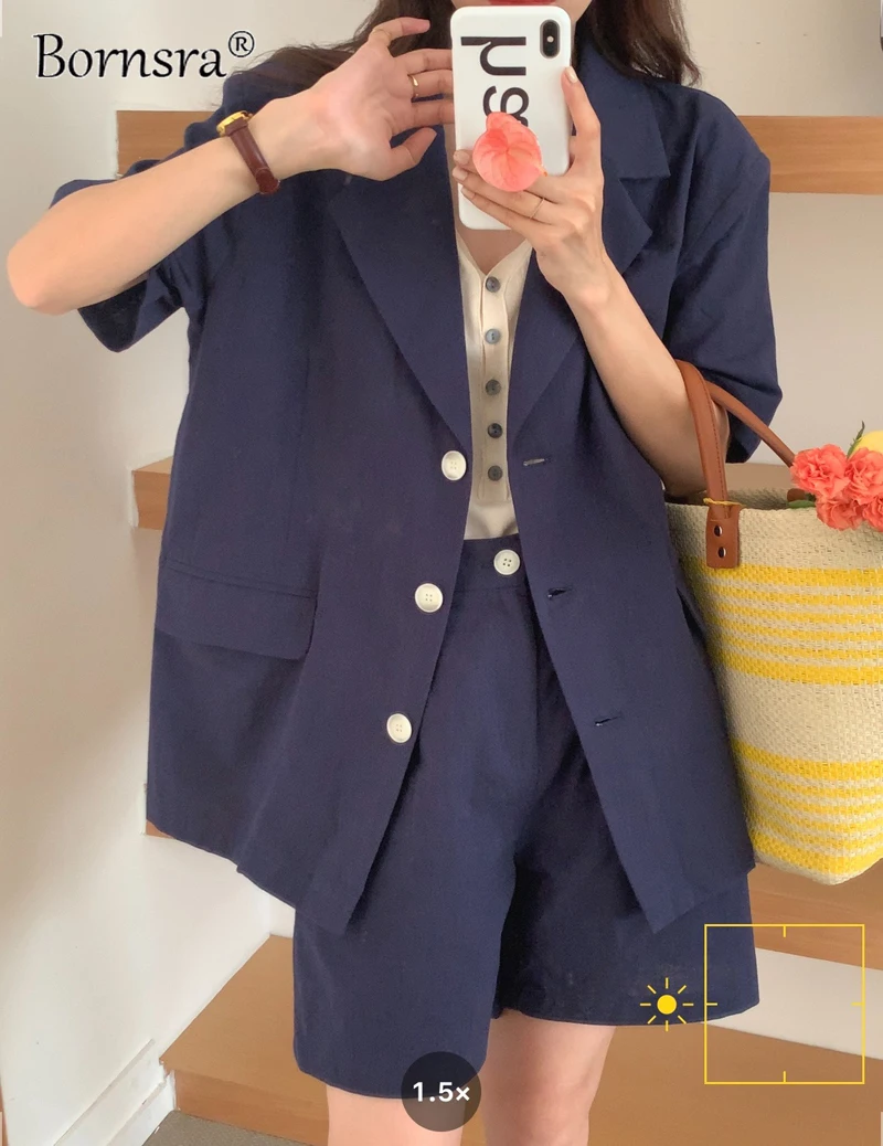 

Bornsra Solid Suit Buttoned Short-sleeved Suit Shirt + Two-piece Wide-leg Shorts Single Breasted Women Blazer Office Business